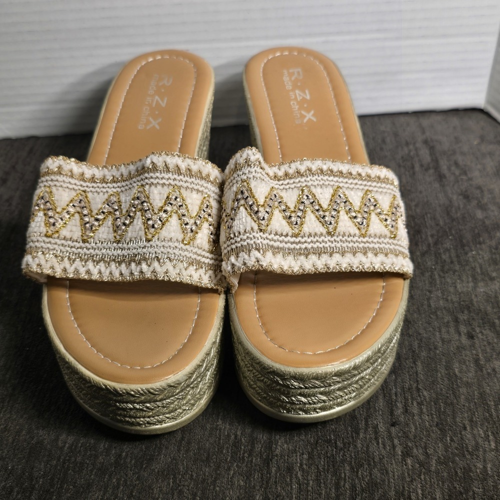R.Z.X Womens Gold Embroidered Platform Wedge Sandals Espadrille Slides Sz 9.5